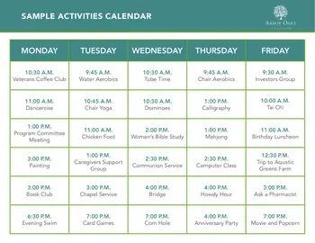 Activity Calendar of Crestview, Assisted Living, Nursing Home, Independent Living, CCRC, Bryan, TX 1