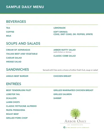 Dining menu of Crestview, Assisted Living, Nursing Home, Independent Living, CCRC, Bryan, TX 1