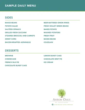Dining menu of Crestview, Assisted Living, Nursing Home, Independent Living, CCRC, Bryan, TX 2