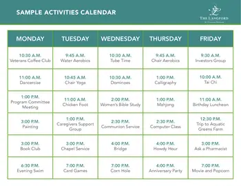Activity Calendar of The Langford at College Station, Assisted Living, Nursing Home, Independent Living, CCRC, College Station, TX 1