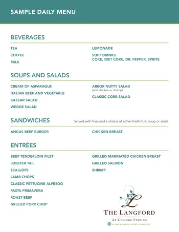 Dining menu of The Langford at College Station, Assisted Living, Nursing Home, Independent Living, CCRC, College Station, TX 1