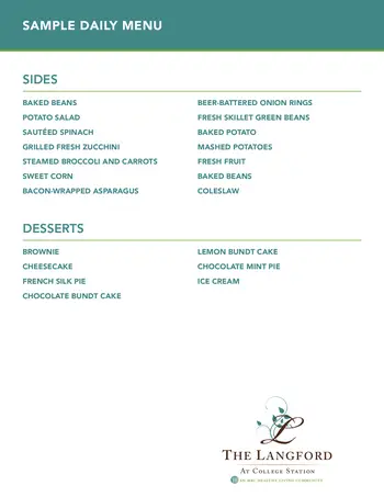 Dining menu of The Langford at College Station, Assisted Living, Nursing Home, Independent Living, CCRC, College Station, TX 2
