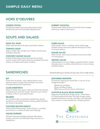 Dining menu of The Crossings, Assisted Living, Nursing Home, Independent Living, CCRC, League City, TX 1