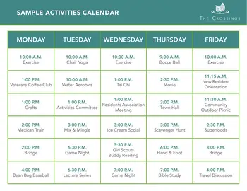 Activity Calendar of The Crossings, Assisted Living, Nursing Home, Independent Living, CCRC, League City, TX 1