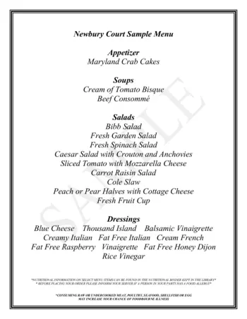 Dining menu of Newbury Court, Assisted Living, Nursing Home, Independent Living, CCRC, Concord, MA 1