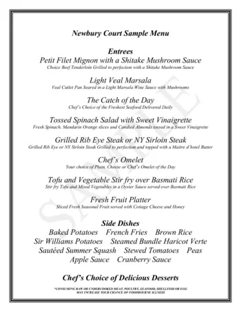 Dining menu of Newbury Court, Assisted Living, Nursing Home, Independent Living, CCRC, Concord, MA 2