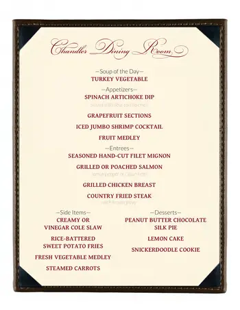 Dining menu of AdamsPlace, Assisted Living, Nursing Home, Independent Living, CCRC, Murfreesboro, TN 1
