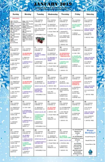 Activity Calendar of Western Reserve Masonic Community, Assisted Living, Nursing Home, Independent Living, CCRC, Medina, OH 1