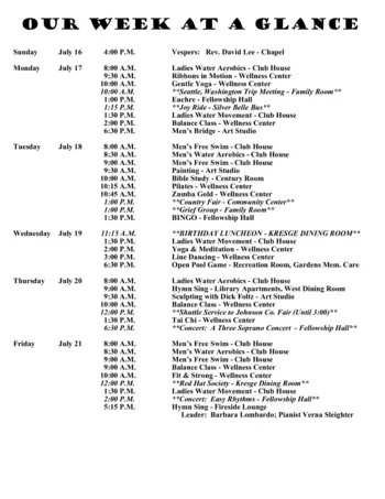 Activity Calendar of Otterbein Franklin, Assisted Living, Nursing Home, Independent Living, CCRC, Franklin, IN 7
