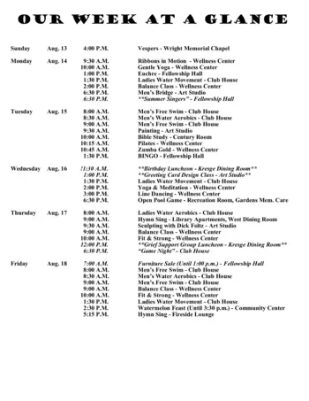Activity Calendar of Otterbein Franklin, Assisted Living, Nursing Home, Independent Living, CCRC, Franklin, IN 19