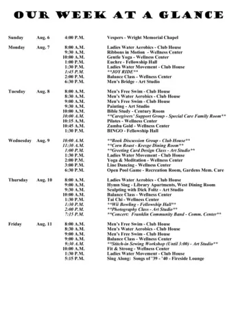 Activity Calendar of Otterbein Franklin, Assisted Living, Nursing Home, Independent Living, CCRC, Franklin, IN 15