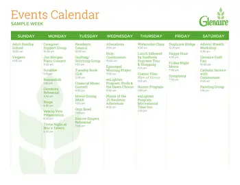 Activity Calendar of Glenaire, Assisted Living, Nursing Home, Independent Living, CCRC, Cary, NC 1