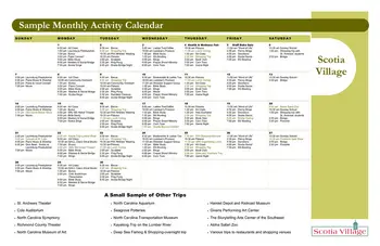 Activity Calendar of Scotia Village, Assisted Living, Nursing Home, Independent Living, CCRC, Laurinburg, NC 1