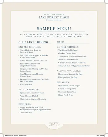 Dining menu of Lake Forest Place, Assisted Living, Nursing Home, Independent Living, CCRC, Lake Forest, IL 1