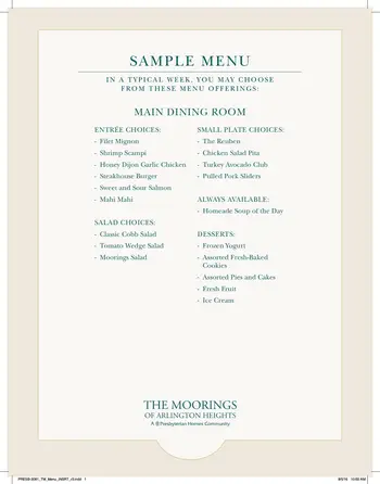 Dining menu of Moorings of Arlington Heights, Assisted Living, Nursing Home, Independent Living, CCRC, Arlington Heights, IL 1