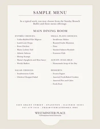 Dining menu of Westminster Place, Assisted Living, Nursing Home, Independent Living, CCRC, Evanston, IL 1