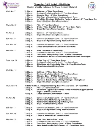 Activity Calendar of Arkansas City Presbyterian Manor, Assisted Living, Nursing Home, Independent Living, CCRC, Arkansas City, KS 1