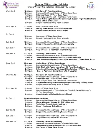 Activity Calendar of Arkansas City Presbyterian Manor, Assisted Living, Nursing Home, Independent Living, CCRC, Arkansas City, KS 4