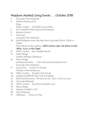 Activity Calendar of Lawrence Presbyterian Manor, Assisted Living, Nursing Home, Independent Living, CCRC, Lawrence, KS 6