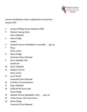 Activity Calendar of Lawrence Presbyterian Manor, Assisted Living, Nursing Home, Independent Living, CCRC, Lawrence, KS 8