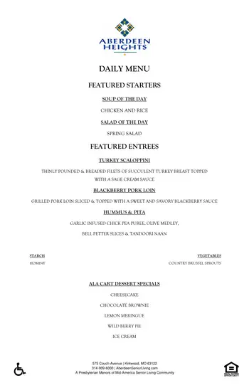 Dining menu of Aberdeen Heights, Assisted Living, Nursing Home, Independent Living, CCRC, Kirkwood, MO 2