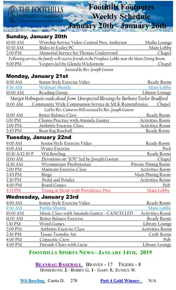 Activity Calendar of The Foothills Presbyterian Community, Assisted Living, Nursing Home, Independent Living, CCRC, Easley, SC 1
