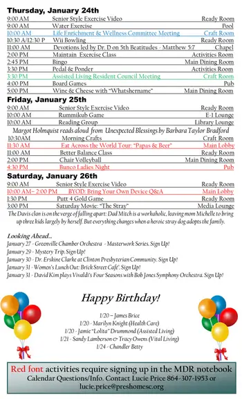 Activity Calendar of The Foothills Presbyterian Community, Assisted Living, Nursing Home, Independent Living, CCRC, Easley, SC 2