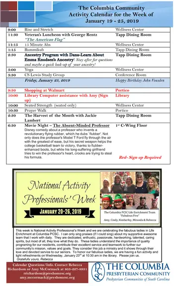 Activity Calendar of The Columbia Presbyterian Community, Assisted Living, Nursing Home, Independent Living, CCRC, Lexington, SC 2