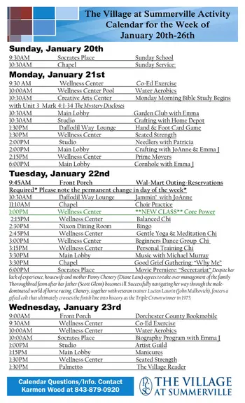 Activity Calendar of The Village at Summerville, Assisted Living, Nursing Home, Independent Living, CCRC, Summerville, SC 3