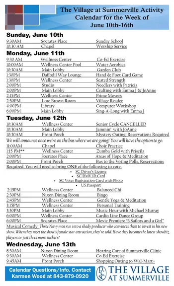 Activity Calendar of The Village at Summerville, Assisted Living, Nursing Home, Independent Living, CCRC, Summerville, SC 1