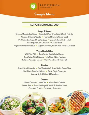 Dining menu of Presbyterian Village North, Assisted Living, Nursing Home, Independent Living, CCRC, Dallas, TX 1