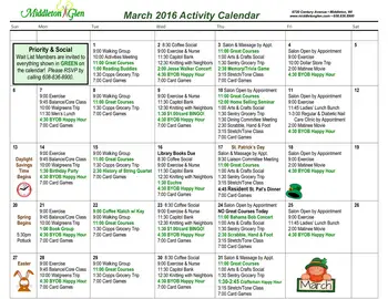 Activity Calendar of Middleton Glen, Assisted Living, Nursing Home, Independent Living, CCRC, Middleton, WI 3