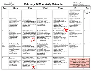 Activity Calendar of Middleton Glen, Assisted Living, Nursing Home, Independent Living, CCRC, Middleton, WI 2