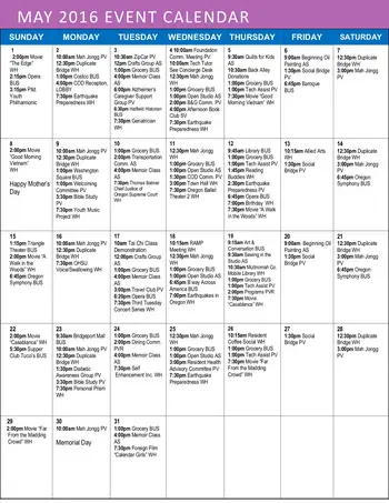 Activity Calendar of Mirabella Portland, Assisted Living, Nursing Home, Independent Living, CCRC, Portland, OR 1
