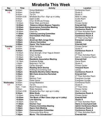 Activity Calendar of Mirabella Seattle, Assisted Living, Nursing Home, Independent Living, CCRC, Seattle, WA 1