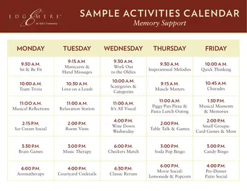 Activity Calendar of Dallas Edgemere, Assisted Living, Nursing Home, Independent Living, CCRC, Dallas, TX 1