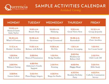 Activity Calendar of Querencia Barton Creek, Assisted Living, Nursing Home, Independent Living, CCRC, Austin, TX 1
