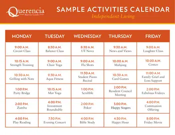 Activity Calendar of Querencia Barton Creek, Assisted Living, Nursing Home, Independent Living, CCRC, Austin, TX 3