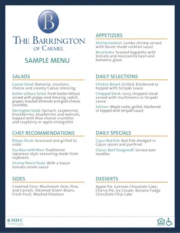 Dining menu of The Barrington of Carmel, Assisted Living, Nursing Home, Independent Living, CCRC, Carmel, IN 1