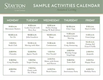 Activity Calendar of The Stayton, Assisted Living, Nursing Home, Independent Living, CCRC, Fort Worth, TX 1