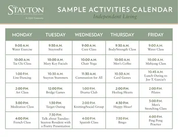 Activity Calendar of The Stayton, Assisted Living, Nursing Home, Independent Living, CCRC, Fort Worth, TX 2