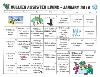Activity Calendar of Wesley Towers, Assisted Living, Nursing Home, Independent Living, CCRC, Hutchinson, KS 1