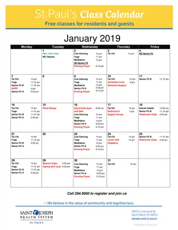 Activity Calendar of St Paul's, Assisted Living, Nursing Home, Independent Living, CCRC, South Bend, IN 1