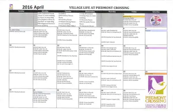 Activity Calendar of Piedmont Crossing, Assisted Living, Nursing Home, Independent Living, CCRC, Thomasville, NC 1