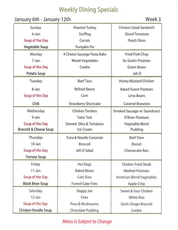 Dining menu of The Commons, Assisted Living, Nursing Home, Independent Living, CCRC, Enid, OK 1