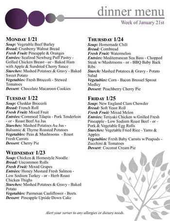 Dining menu of Silver Maples, Assisted Living, Nursing Home, Independent Living, CCRC, Chelsea, MI 5