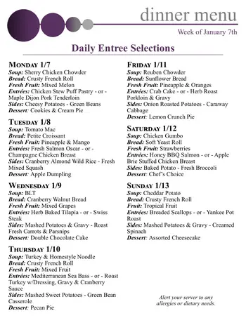 Dining menu of Silver Maples, Assisted Living, Nursing Home, Independent Living, CCRC, Chelsea, MI 1