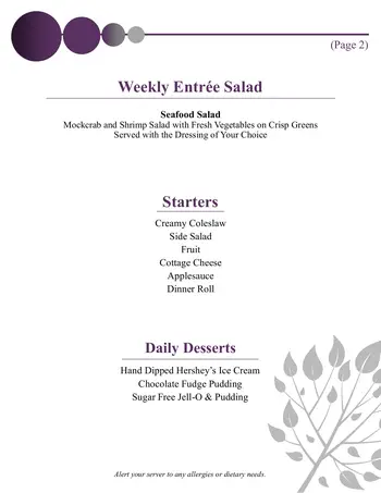 Dining menu of Silver Maples, Assisted Living, Nursing Home, Independent Living, CCRC, Chelsea, MI 2