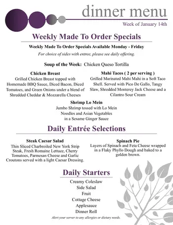 Dining menu of Silver Maples, Assisted Living, Nursing Home, Independent Living, CCRC, Chelsea, MI 13