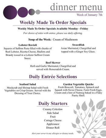 Dining menu of Silver Maples, Assisted Living, Nursing Home, Independent Living, CCRC, Chelsea, MI 11